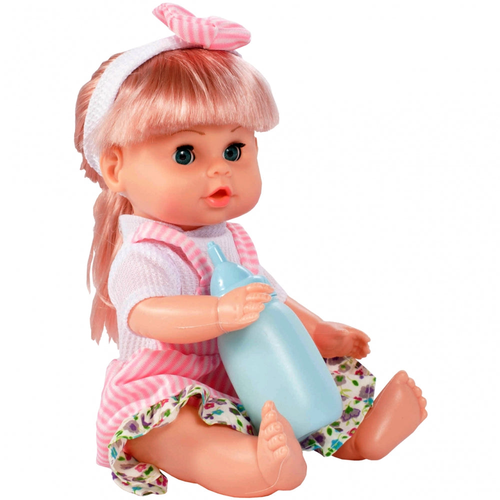 Papusa interactiva cu sunete idealSTORE Minie Doll, Dimensiuni 35 x 15 cm, Include suzeta si biberon, Trezeste sentimentele copiilor si dorinta de a ingriji