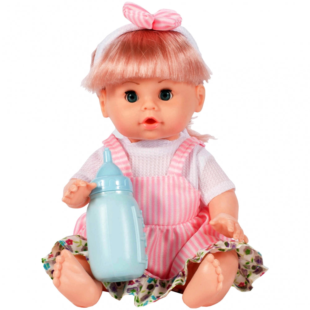 Papusa interactiva cu sunete idealSTORE Minie Doll, Dimensiuni 35 x 15 cm, Include suzeta si biberon, Trezeste sentimentele copiilor si dorinta de a ingriji