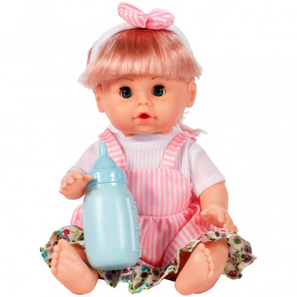 Papusa interactiva cu sunete idealSTORE Minie Doll, Dimensiuni 35 x 15 cm, Include suzeta si biberon, Trezeste sentimentele copiilor si dorinta de a ingriji