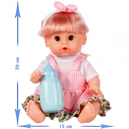 Papusa interactiva cu sunete idealSTORE Minie Doll, Dimensiuni 35 x 15 cm, Include suzeta si biberon, Trezeste sentimentele copiilor si dorinta de a ingriji