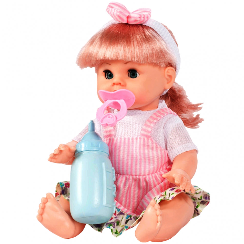 Papusa interactiva cu sunete idealSTORE Minie Doll, Dimensiuni 35 x 15 cm, Include suzeta si biberon, Trezeste sentimentele copiilor si dorinta de a ingriji