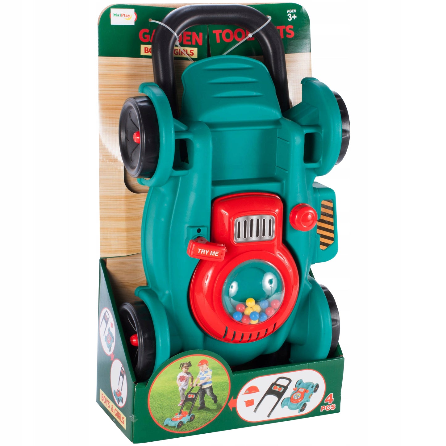 Masina de tuns gazon idealStore Korsica Green pentru copii, cu motor, maner de pornire, casca si canistra, emite sunete caracteristice