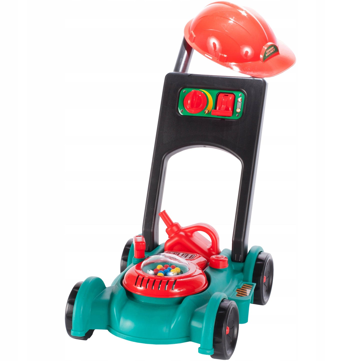 Masina de tuns gazon idealStore Korsica Green pentru copii, cu motor, maner de pornire, casca si canistra, emite sunete caracteristice