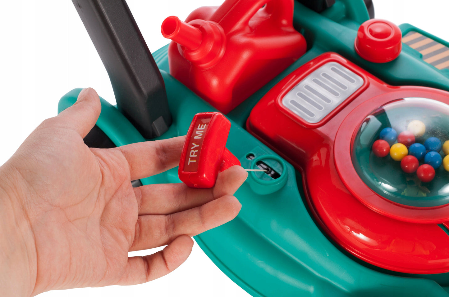 Masina de tuns gazon idealStore Korsica Green pentru copii, cu motor, maner de pornire, casca si canistra, emite sunete caracteristice