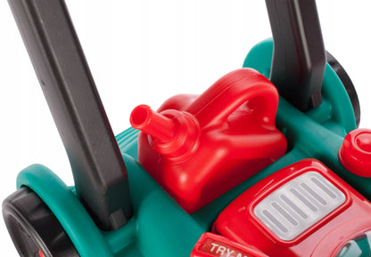 Masina de tuns gazon idealStore Korsica Green pentru copii, cu motor, maner de pornire, casca si canistra, emite sunete caracteristice