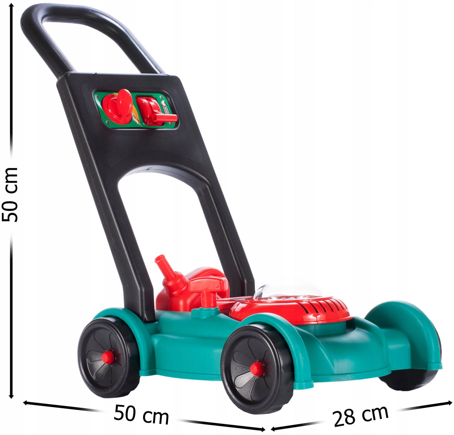 Masina de tuns gazon idealStore Korsica Green pentru copii, cu motor, maner de pornire, casca si canistra, emite sunete caracteristice