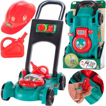 Masina de tuns gazon idealStore Korsica Green pentru copii, cu motor, maner de pornire, casca si canistra, emite sunete caracteristice