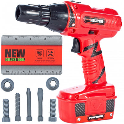 Bormasina de jucarie idealSTORE, Dimensiuni 17 x 5 x 18 cm, Accesorii specifice incluse, Dezvolta creativitatea prin jocul de rol, Alimentare pe baterii