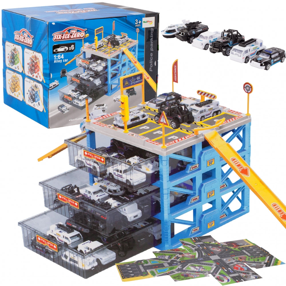 Set de joaca complex POLICE STATION PARKING, Construita pe 4 nivele, Dimensiuni 23 x 21 x 27 cm, Include 6 masinute si Accesorii simbolice, Indicatoare Rutiere, Semafoare, Rampa