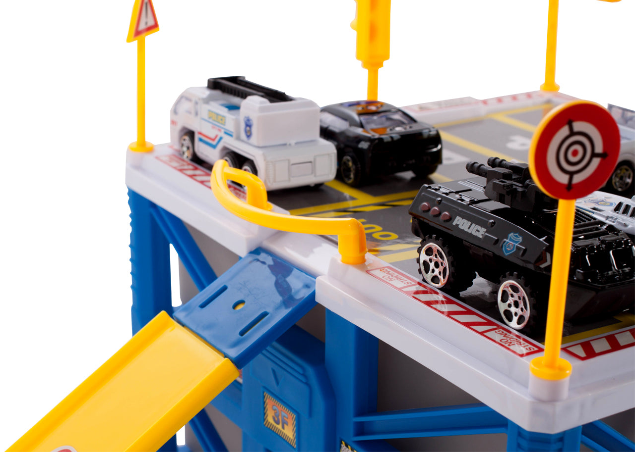 Set de joaca complex POLICE STATION PARKING, Construita pe 4 nivele, Dimensiuni 23 x 21 x 27 cm, Include 6 masinute si Accesorii simbolice, Indicatoare Rutiere, Semafoare, Rampa