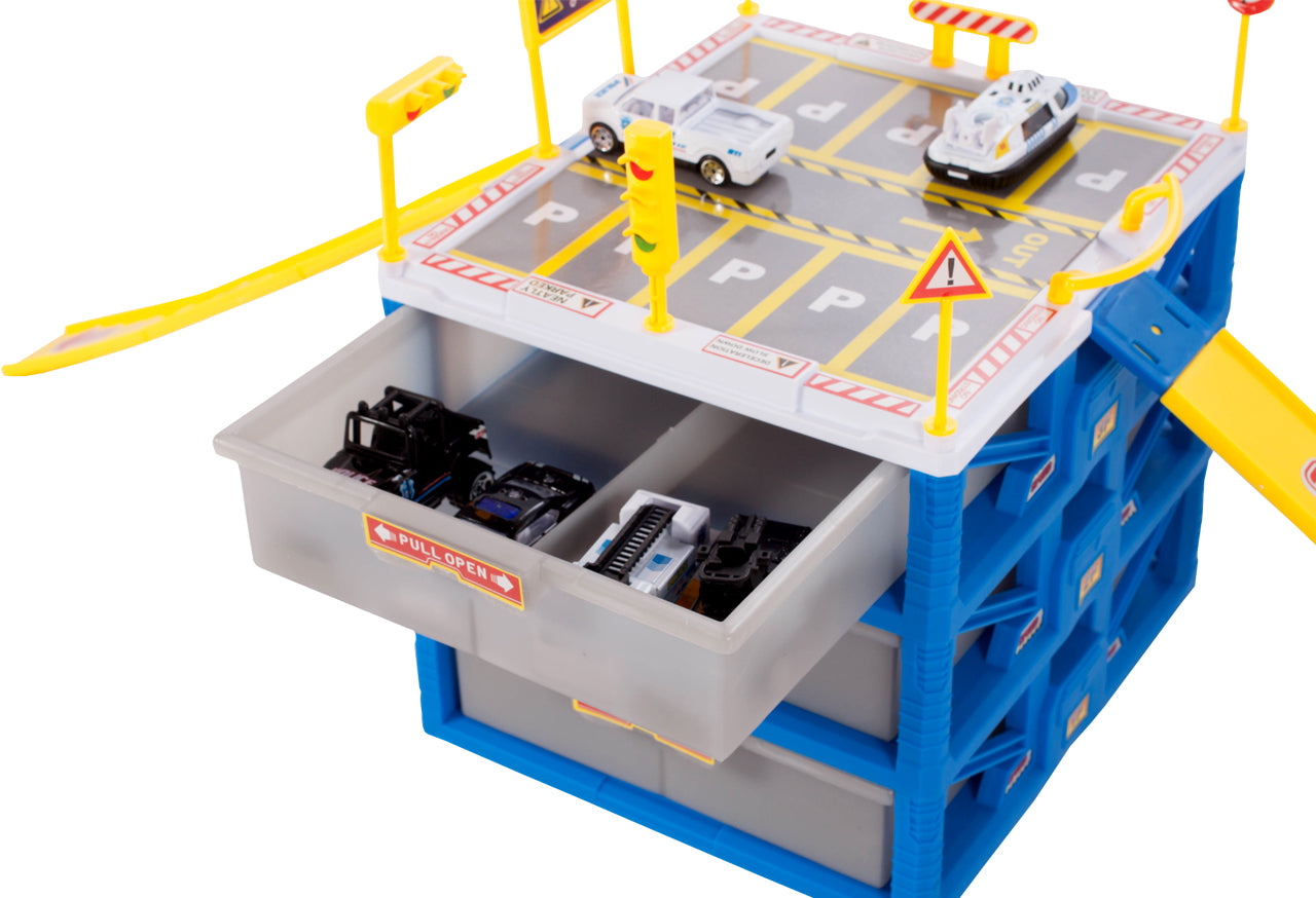 Set de joaca complex POLICE STATION PARKING, Construita pe 4 nivele, Dimensiuni 23 x 21 x 27 cm, Include 6 masinute si Accesorii simbolice, Indicatoare Rutiere, Semafoare, Rampa