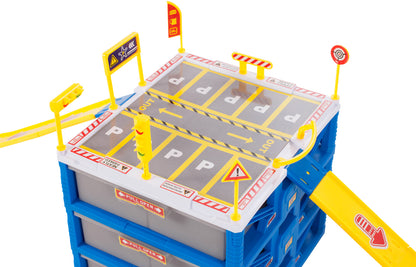 Set de joaca complex POLICE STATION PARKING, Construita pe 4 nivele, Dimensiuni 23 x 21 x 27 cm, Include 6 masinute si Accesorii simbolice, Indicatoare Rutiere, Semafoare, Rampa