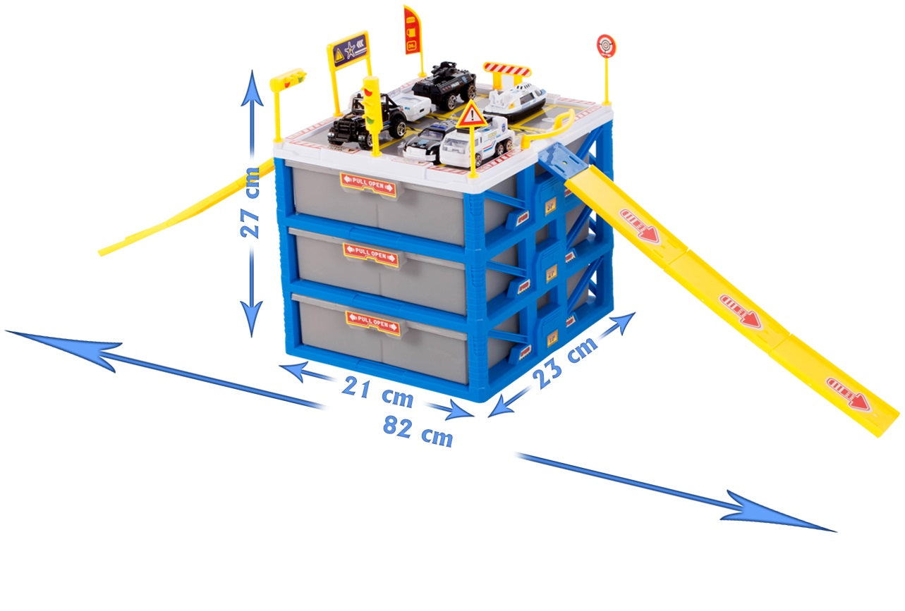 Set de joaca complex POLICE STATION PARKING, Construita pe 4 nivele, Dimensiuni 23 x 21 x 27 cm, Include 6 masinute si Accesorii simbolice, Indicatoare Rutiere, Semafoare, Rampa