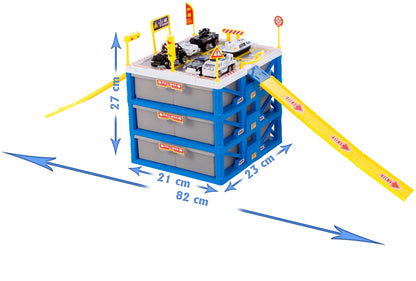 Set de joaca complex POLICE STATION PARKING, Construita pe 4 nivele, Dimensiuni 23 x 21 x 27 cm, Include 6 masinute si Accesorii simbolice, Indicatoare Rutiere, Semafoare, Rampa
