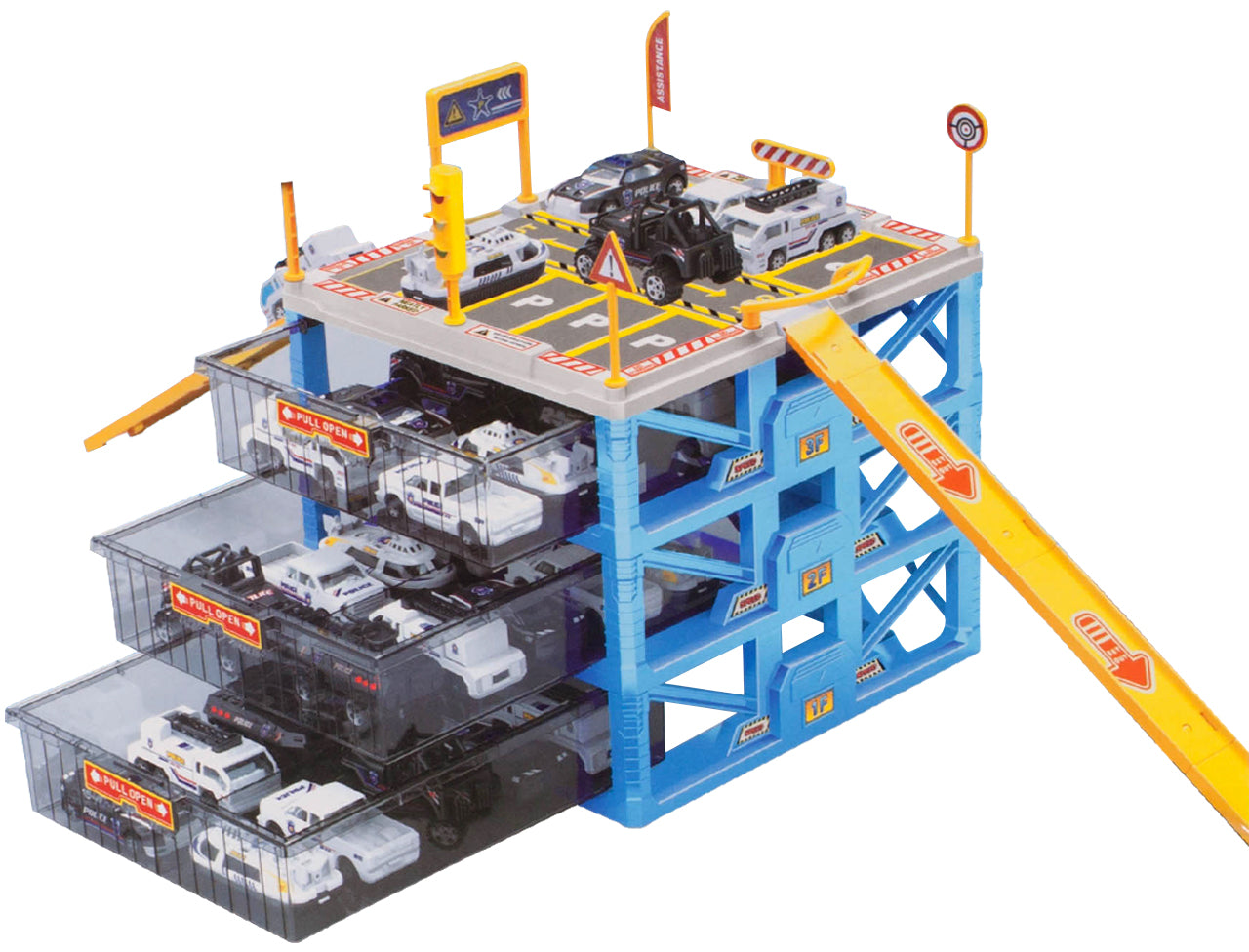Set de joaca complex POLICE STATION PARKING, Construita pe 4 nivele, Dimensiuni 23 x 21 x 27 cm, Include 6 masinute si Accesorii simbolice, Indicatoare Rutiere, Semafoare, Rampa