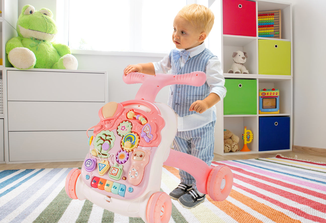 Premergator Interactiv 5 in 1 SWING GO BABY, Dimensiuni 44.0 x 42.0 x 40.0 cm, Activitati in limba engleza, Ajuta la dezvoltarea lingvistica si senzoriala Roz