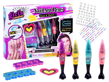 Set de unghii Professional Nail ART idealSTORE Dimensiuni ambalaj:35 cm x 27 cm x 5 cm, Include 4 lacuri cu varfuri, autocolante colorate, modele negre, 4 ace, Dezvoltand, de asemenea, imaginatia si abilitatile manuale ale copilului