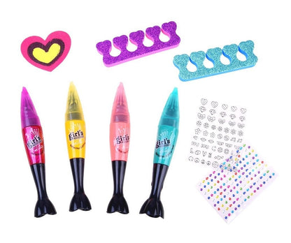 Set de unghii Professional Nail ART idealSTORE Dimensiuni ambalaj:35 cm x 27 cm x 5 cm, Include 4 lacuri cu varfuri, autocolante colorate, modele negre, 4 ace, Dezvoltand, de asemenea, imaginatia si abilitatile manuale ale copilului