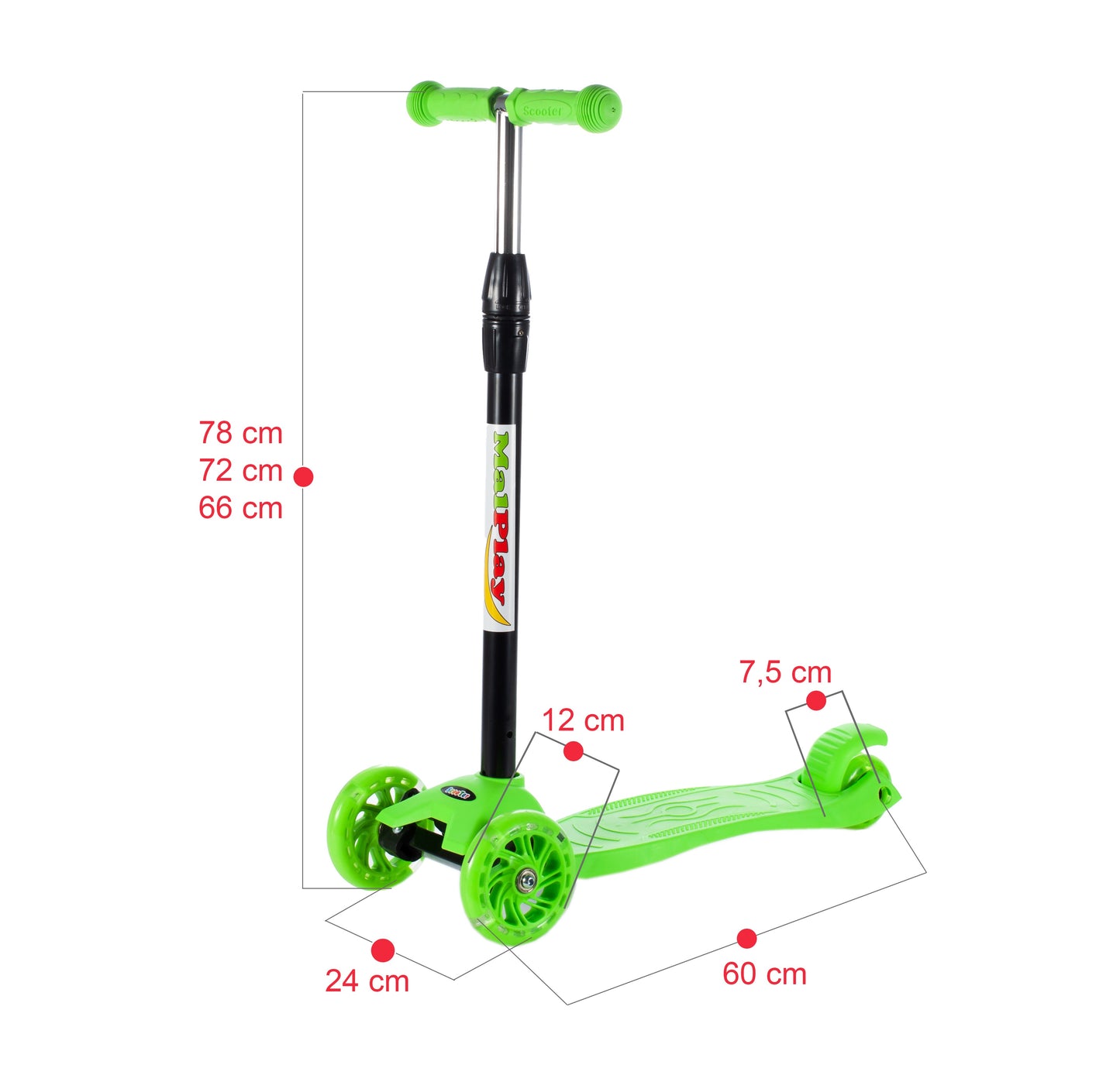 Trotineta 3 roti pentru copii idealSTORE SMART COLLECTION, Dimensiuni 66-72-78 X 24 X 60 cm, Roti iluminate LED, Frana de picior, Cadru rezistent din otel, Sarcina 50 Kg, Culoare Verde