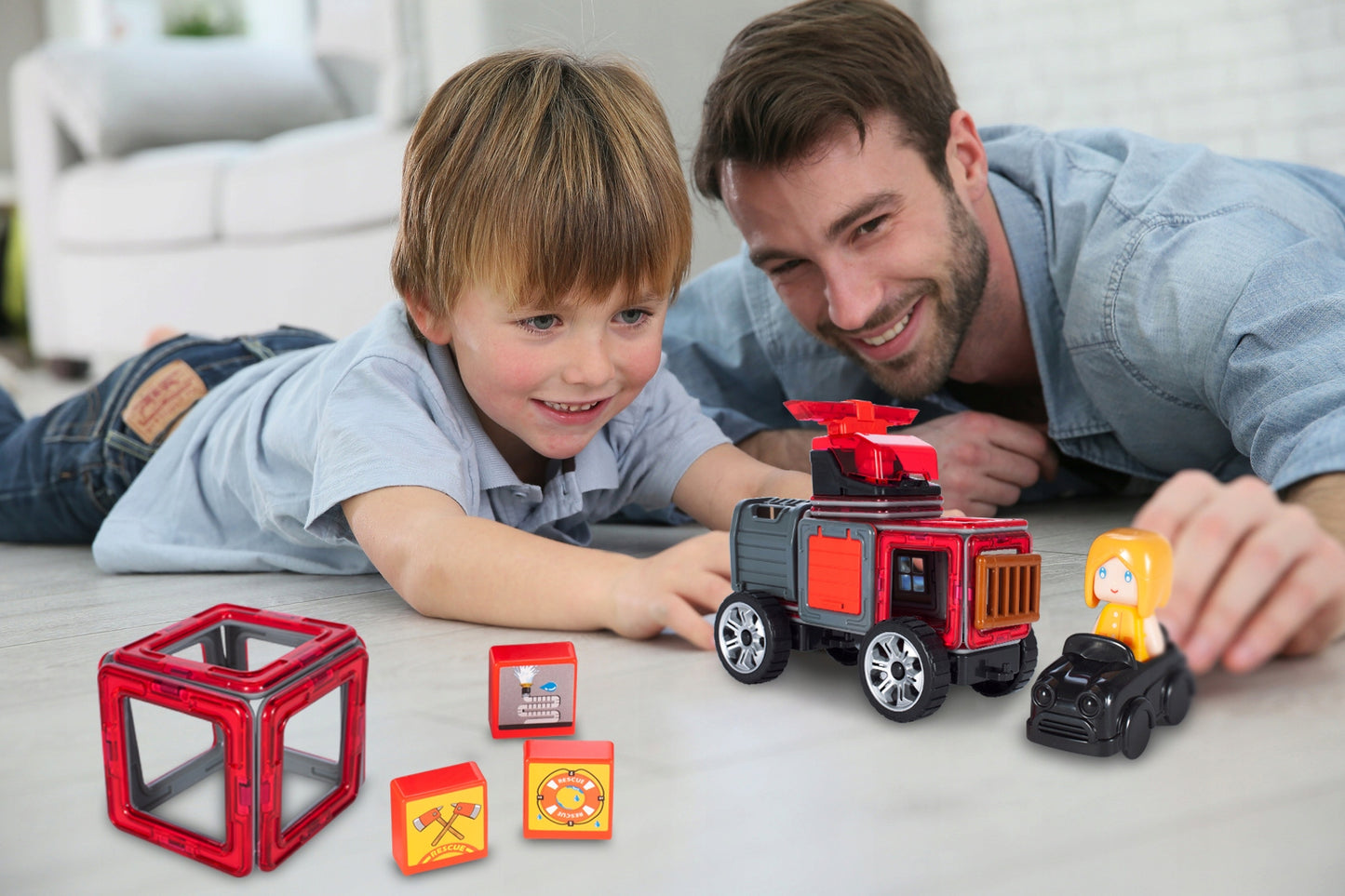 Set constructie idealSTORE Blocuri Magnetice PUZZLE, Masina, Caramida Magnetica, 2 figurine, 8 Blocuri Magnetice, Ajuta la Dezvoltarea Gandirii Logice, Creativitate, Multicolor