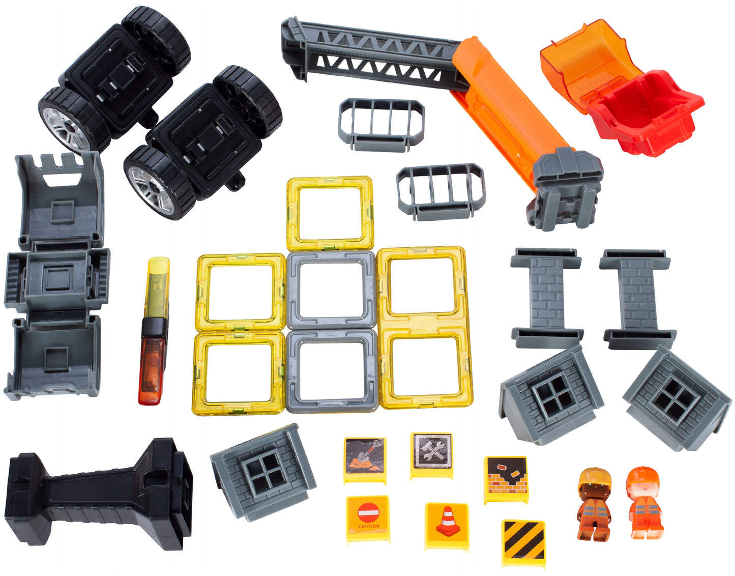 Set constructie din blocuri magnetice idealSTORE Orange Crane, Include 28 de piese 2 figurine, 5 blocuri magnetice patrate, 1 macara, 1 cabina si multe alte piese
