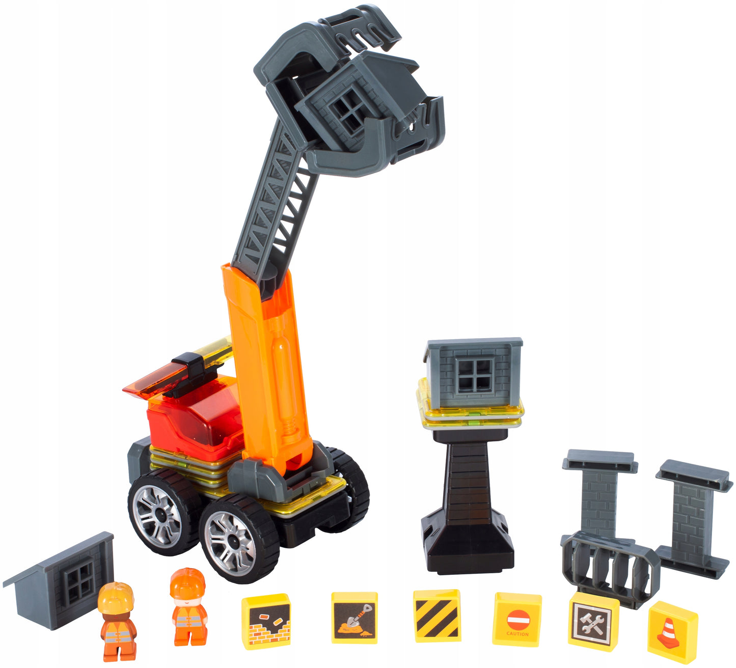 Set constructie din blocuri magnetice idealSTORE Orange Crane, Include 28 de piese 2 figurine, 5 blocuri magnetice patrate, 1 macara, 1 cabina si multe alte piese