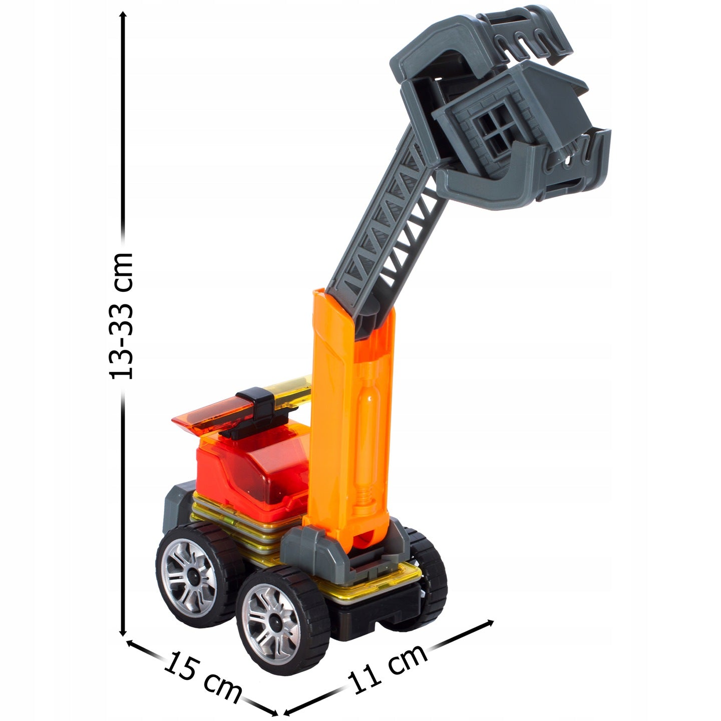 Set constructie din blocuri magnetice idealSTORE Orange Crane, Include 28 de piese 2 figurine, 5 blocuri magnetice patrate, 1 macara, 1 cabina si multe alte piese