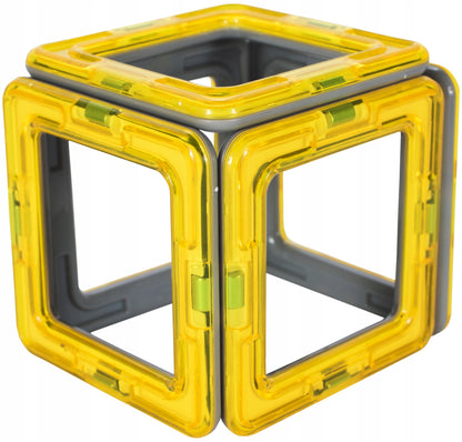 Set constructie din blocuri magnetice idealSTORE Orange Crane, Include 28 de piese 2 figurine, 5 blocuri magnetice patrate, 1 macara, 1 cabina si multe alte piese