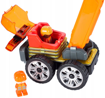 Set constructie din blocuri magnetice idealSTORE Orange Crane, Include 28 de piese 2 figurine, 5 blocuri magnetice patrate, 1 macara, 1 cabina si multe alte piese