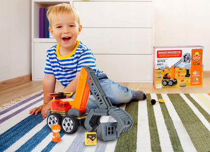 Set constructie din blocuri magnetice idealSTORE Orange Crane, Include 28 de piese 2 figurine, 5 blocuri magnetice patrate, 1 macara, 1 cabina si multe alte piese