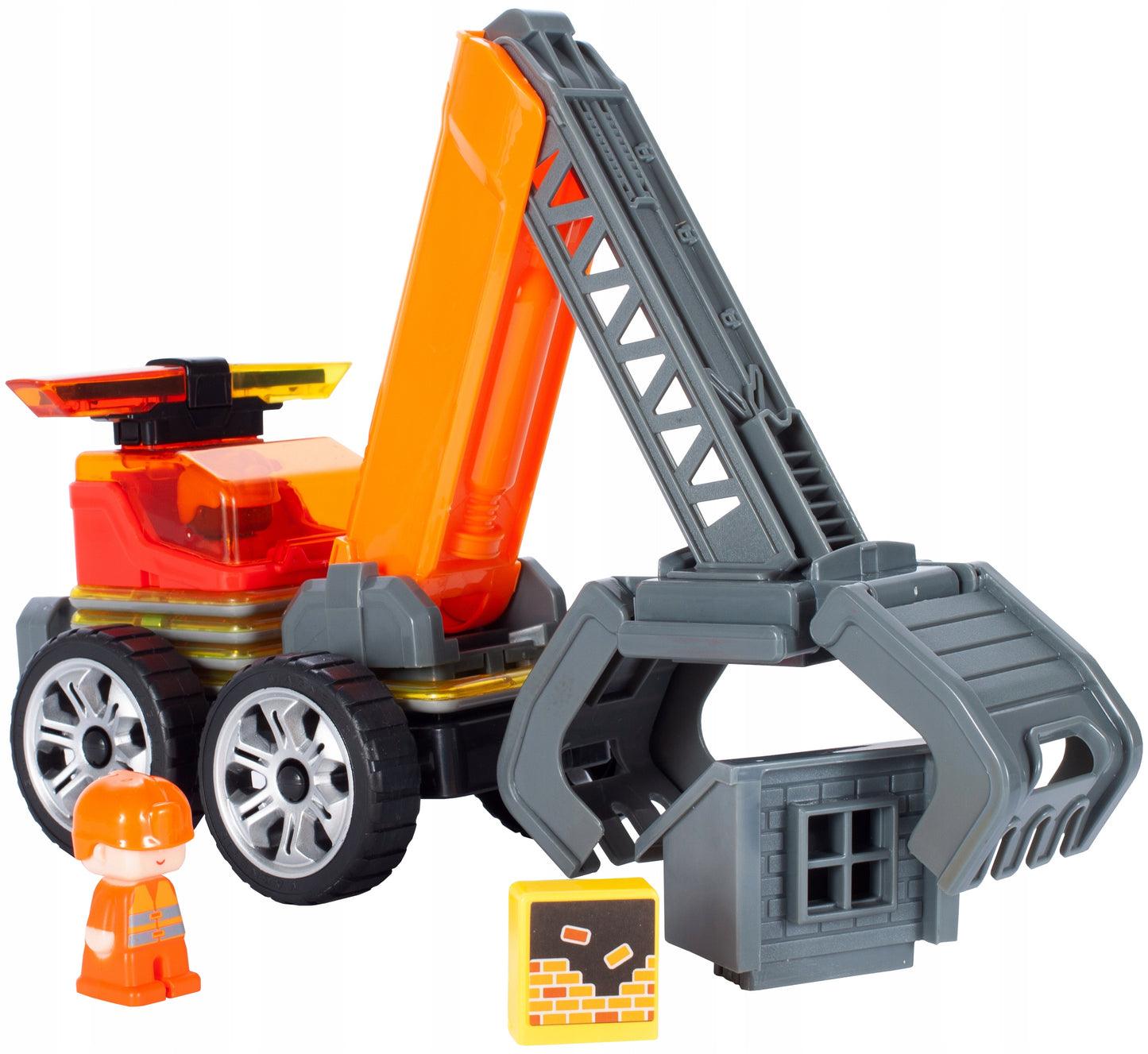Set constructie din blocuri magnetice idealSTORE Orange Crane, Include 28 de piese 2 figurine, 5 blocuri magnetice patrate, 1 macara, 1 cabina si multe alte piese