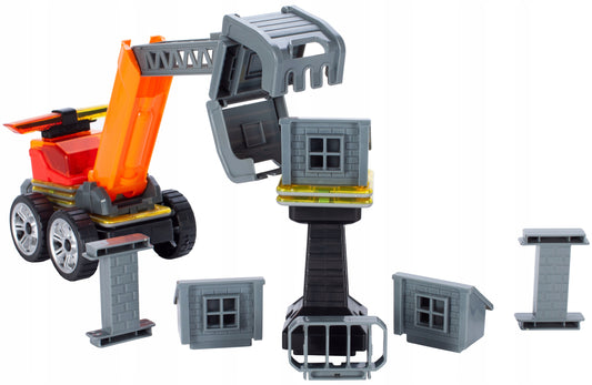 Set constructie din blocuri magnetice idealSTORE Orange Crane, Include 28 de piese 2 figurine, 5 blocuri magnetice patrate, 1 macara, 1 cabina si multe alte piese