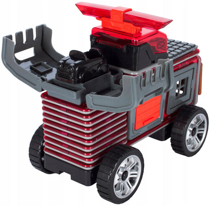 Set constructie din blocuri magnetice idealSTORE Fire Red, Include 50 de piese 2 figurine, 15 blocuri magnetice patrate, 8 blocuri magnetice triunghiulare, 1 masina mica, 1 macara, 1 cabina si multe alte piese