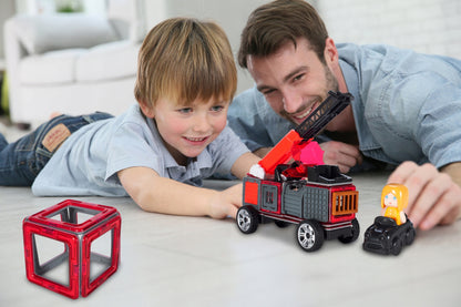 Set constructie din blocuri magnetice idealSTORE Fire Red, Include 50 de piese 2 figurine, 15 blocuri magnetice patrate, 8 blocuri magnetice triunghiulare, 1 masina mica, 1 macara, 1 cabina si multe alte piese