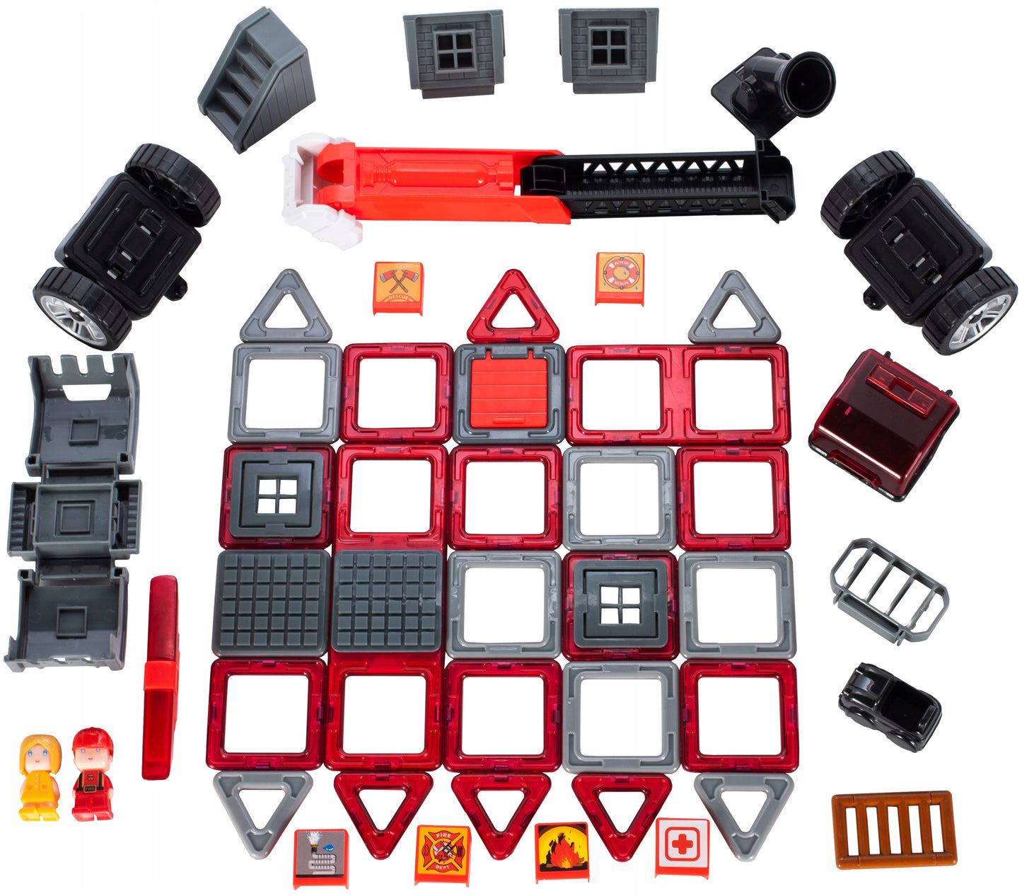 Set constructie din blocuri magnetice idealSTORE Fire Red, Include 50 de piese 2 figurine, 15 blocuri magnetice patrate, 8 blocuri magnetice triunghiulare, 1 masina mica, 1 macara, 1 cabina si multe alte piese