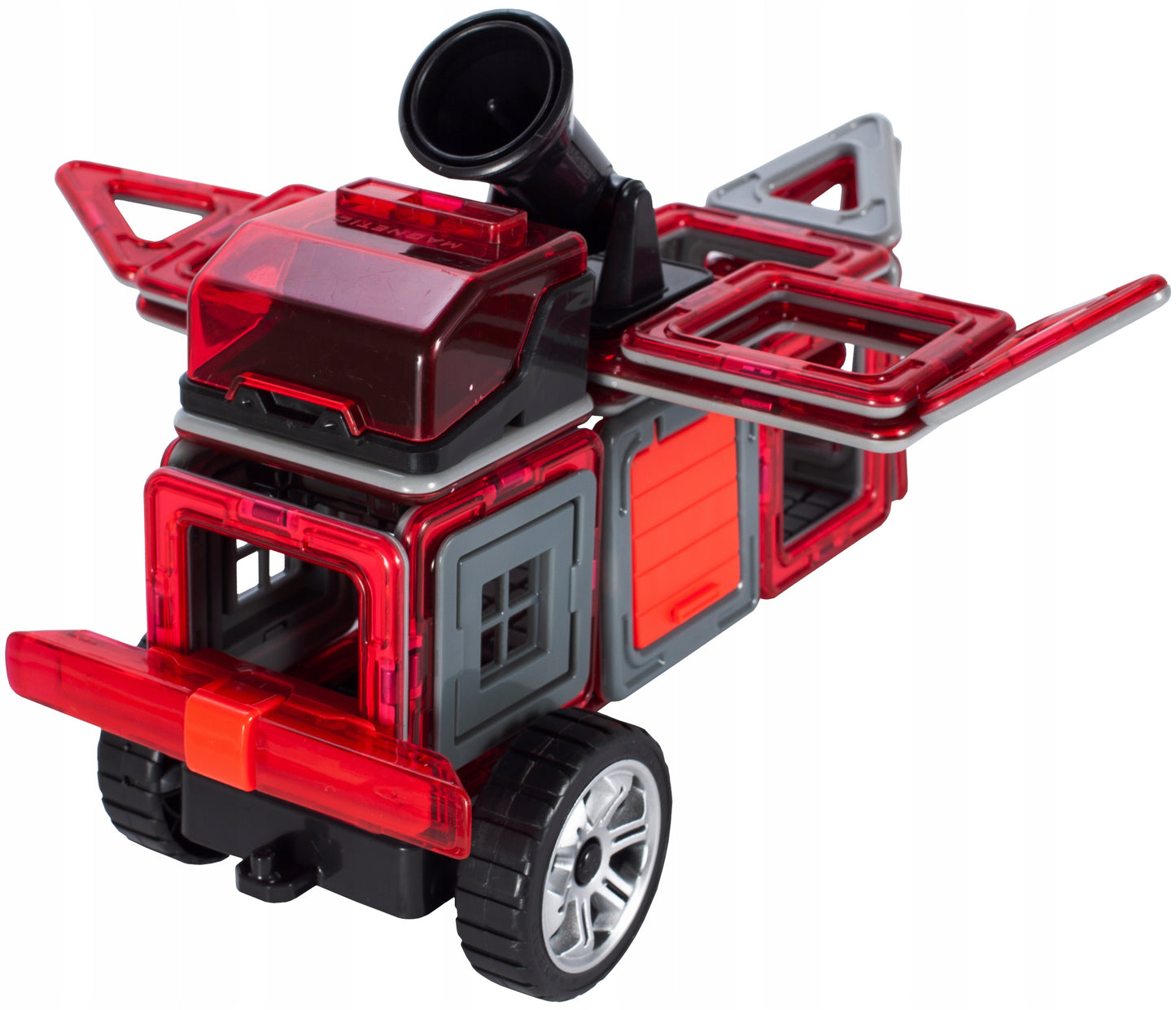 Set constructie din blocuri magnetice idealSTORE Fire Red, Include 50 de piese 2 figurine, 15 blocuri magnetice patrate, 8 blocuri magnetice triunghiulare, 1 masina mica, 1 macara, 1 cabina si multe alte piese
