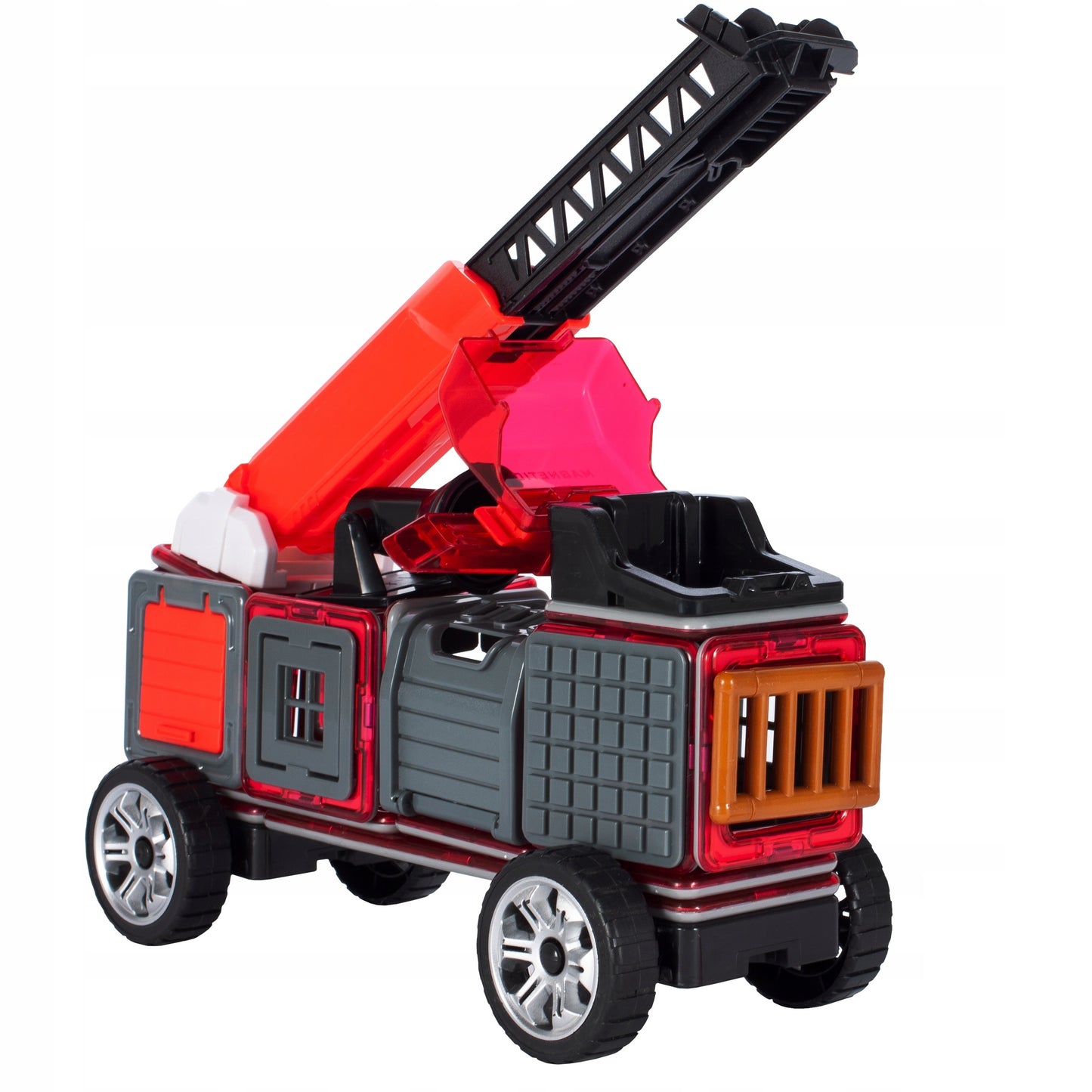 Set constructie din blocuri magnetice idealSTORE Fire Red, Include 50 de piese 2 figurine, 15 blocuri magnetice patrate, 8 blocuri magnetice triunghiulare, 1 masina mica, 1 macara, 1 cabina si multe alte piese