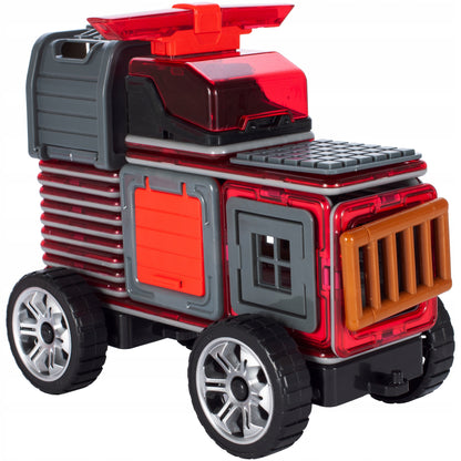 Set constructie din blocuri magnetice idealSTORE Fire Red, Include 50 de piese 2 figurine, 15 blocuri magnetice patrate, 8 blocuri magnetice triunghiulare, 1 masina mica, 1 macara, 1 cabina si multe alte piese