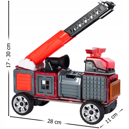 Set constructie din blocuri magnetice idealSTORE Fire Red, Include 50 de piese 2 figurine, 15 blocuri magnetice patrate, 8 blocuri magnetice triunghiulare, 1 masina mica, 1 macara, 1 cabina si multe alte piese