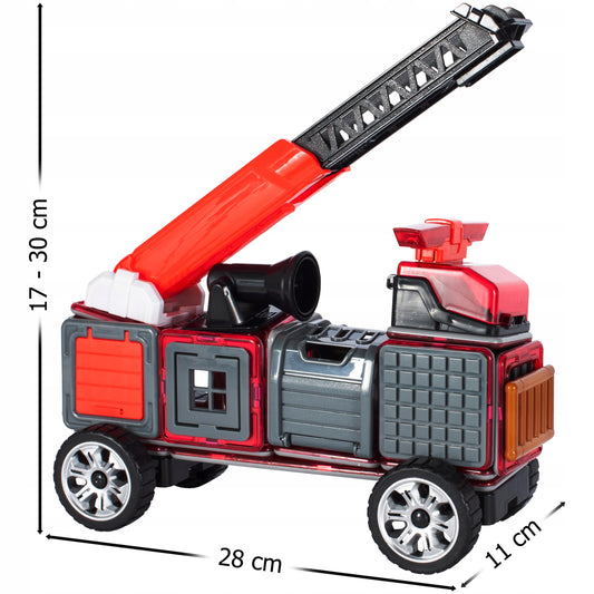 Set constructie din blocuri magnetice idealSTORE Fire Red, Include 50 de piese 2 figurine, 15 blocuri magnetice patrate, 8 blocuri magnetice triunghiulare, 1 masina mica, 1 macara, 1 cabina si multe alte piese