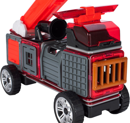 Set constructie din blocuri magnetice idealSTORE Fire Red, Include 50 de piese 2 figurine, 15 blocuri magnetice patrate, 8 blocuri magnetice triunghiulare, 1 masina mica, 1 macara, 1 cabina si multe alte piese