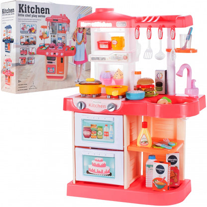 Bucatarie Multifunctionala idealSTORE MASTER CHEF HAPPY, Inaltime 72 cm, Echipata cu robinet, farfurii, ceasca, 2 arzatoare, Hota exterioara si alte produse alimentare, Ideala pentru creativitatea copilului tau