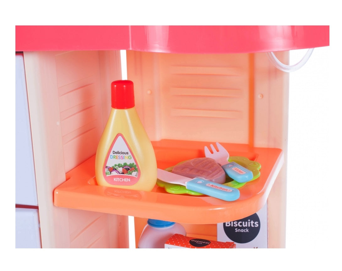 Bucatarie Multifunctionala idealSTORE MASTER CHEF HAPPY, Inaltime 72 cm, Echipata cu robinet, farfurii, ceasca, 2 arzatoare, Hota exterioara si alte produse alimentare, Ideala pentru creativitatea copilului tau