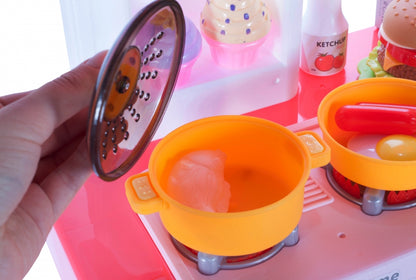 Bucatarie Multifunctionala idealSTORE MASTER CHEF HAPPY, Inaltime 72 cm, Echipata cu robinet, farfurii, ceasca, 2 arzatoare, Hota exterioara si alte produse alimentare, Ideala pentru creativitatea copilului tau