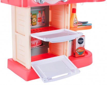 Bucatarie Multifunctionala idealSTORE MASTER CHEF HAPPY, Inaltime 72 cm, Echipata cu robinet, farfurii, ceasca, 2 arzatoare, Hota exterioara si alte produse alimentare, Ideala pentru creativitatea copilului tau