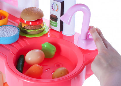 Bucatarie Multifunctionala idealSTORE MASTER CHEF HAPPY, Inaltime 72 cm, Echipata cu robinet, farfurii, ceasca, 2 arzatoare, Hota exterioara si alte produse alimentare, Ideala pentru creativitatea copilului tau