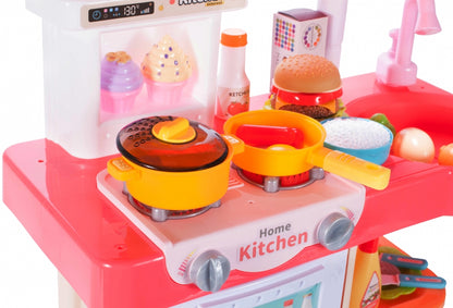 Bucatarie Multifunctionala idealSTORE MASTER CHEF HAPPY, Inaltime 72 cm, Echipata cu robinet, farfurii, ceasca, 2 arzatoare, Hota exterioara si alte produse alimentare, Ideala pentru creativitatea copilului tau