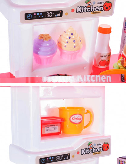 Bucatarie Multifunctionala idealSTORE MASTER CHEF HAPPY, Inaltime 72 cm, Echipata cu robinet, farfurii, ceasca, 2 arzatoare, Hota exterioara si alte produse alimentare, Ideala pentru creativitatea copilului tau