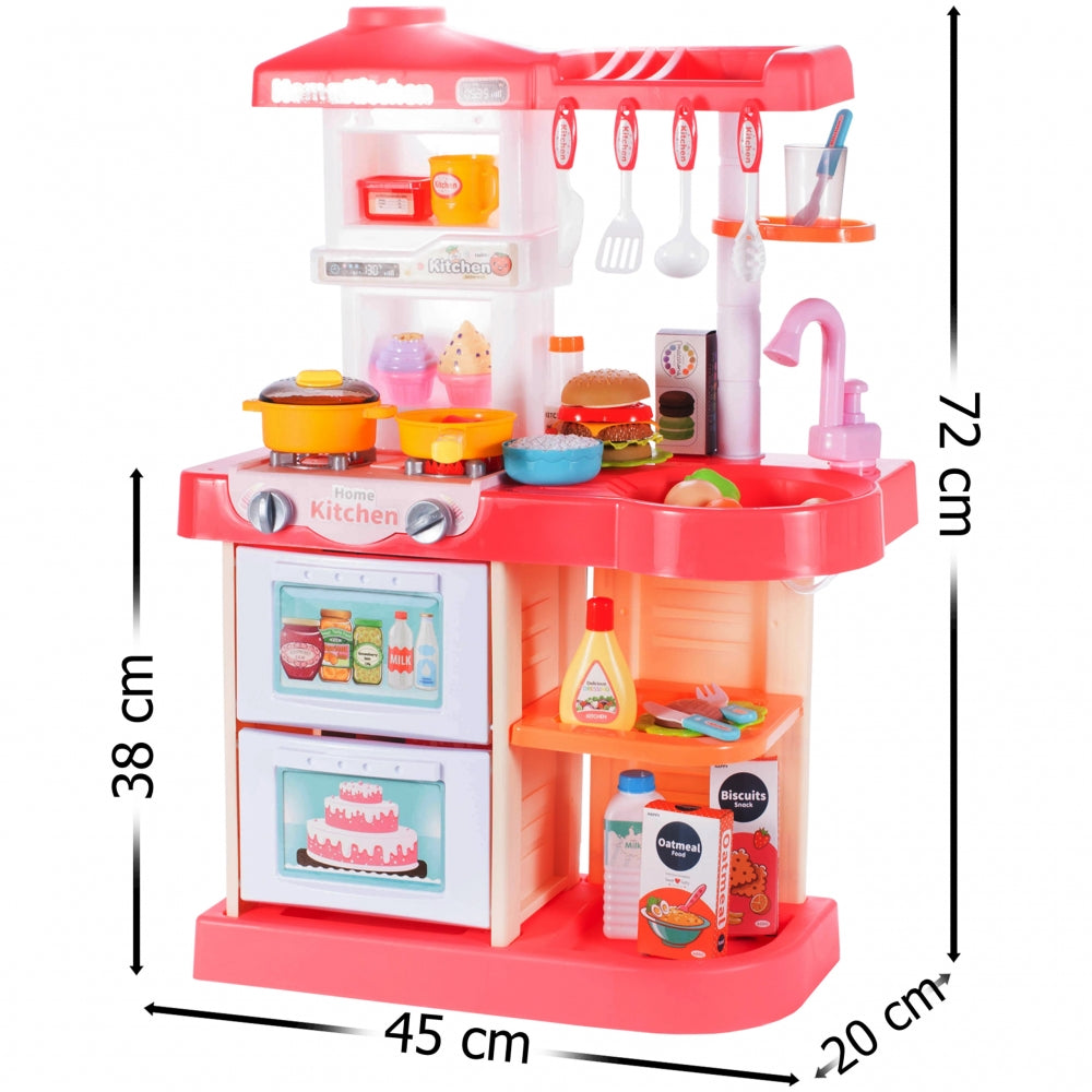 Bucatarie Multifunctionala idealSTORE MASTER CHEF HAPPY, Inaltime 72 cm, Echipata cu robinet, farfurii, ceasca, 2 arzatoare, Hota exterioara si alte produse alimentare, Ideala pentru creativitatea copilului tau