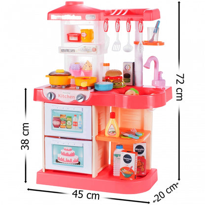 Bucatarie Multifunctionala idealSTORE MASTER CHEF HAPPY, Inaltime 72 cm, Echipata cu robinet, farfurii, ceasca, 2 arzatoare, Hota exterioara si alte produse alimentare, Ideala pentru creativitatea copilului tau
